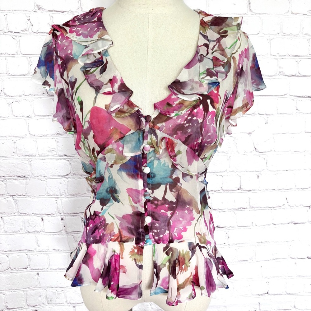 JASON WU Short Flutter Sleeve Floral Boho Peasant-Style Blouse--NWT--S